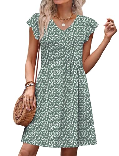 Image of OFEEFAN Summer Dresses for Women Beach Vacation Clothes V Neck Ruffle Sleeve Babydoll Dress Elegant Classy Sundress