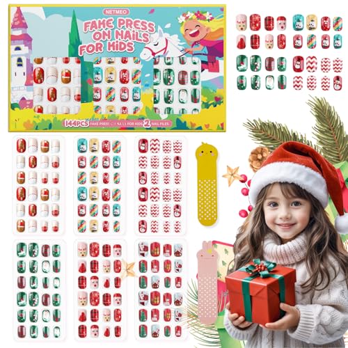 144 uñas postizas de Navidad para niños, prepegadas, de cobertura completa, para niños y niñas, kit de uñas acrílicas a presión, regalo para niñas, decoración de Navidad (Navidad)