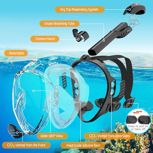 Máscara de snorkel de cara completa con sistema Dry Top, vista panorámica de 180 grados y soporte para cámara, respiración segura, anti-fuga y anti-vaho, equipo perfecto para adultos miniatura 3