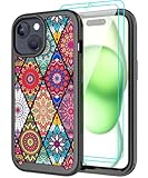 LEXNEC Design for iPhone 15 Case with [2 Pack] Tempered Glass Screen Protector & Camera Lens Protector,Full Body Slim Shockproof Protective Cover Case for iPhone 15 (6.1', 2023)[Colorful Mandala]