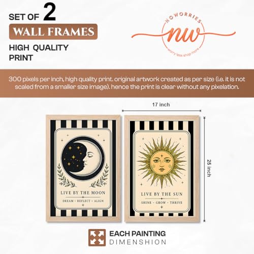 Image of NoWorries Sun & Moon Wall Art Set of 2, Celestial Boho Decor, Vintage Tarot Inspired Prints, Spiritual Wall Decor for Bedroom, Living Room & Meditation Space (Art-15, 17x25inch)