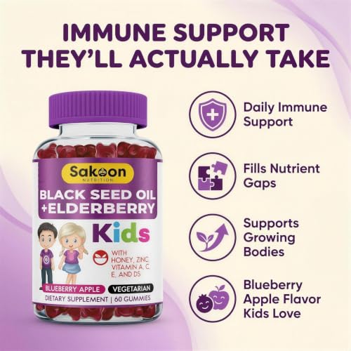 Sakoon nutrition Elderberry Gummies for Kids with Black Seed Oil, Immune Support, with Vitamin C and Zinc, Delicious Berry Flavor, 60 Gummies - Image 3