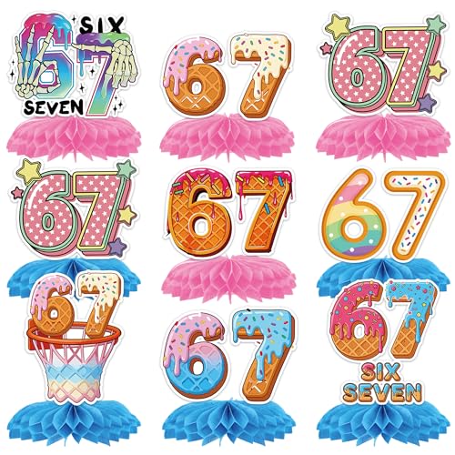 Image of 6 7 Birthday Decorations, Funny Six Seven Donut Ice Cream Table Honeycomb Centerpieces for Kids Teens Adults 67 Meme Themed Party Favors Supplies
