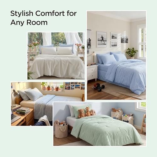 Image of Bedsure SleepEase Cooling Comforter King Size for Summer, 3 Pieces White Seersucker Cooling Comforters for Hot Sleepers, Double-Sided Cool Tech Bedding Set with 1 Breathable Comforter, 2 Pillowcases