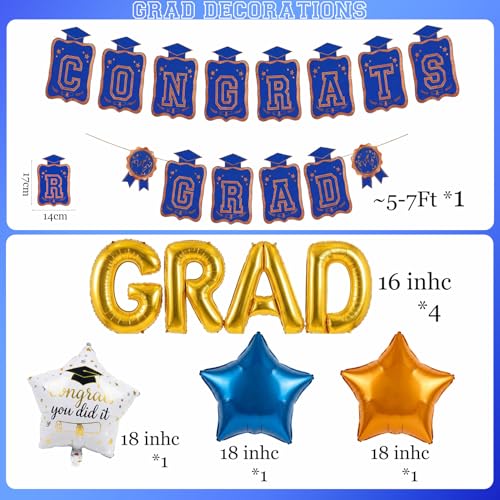 Image of Blue Orange Gold Balloons GRAD Print Balloons with Banner Table Honeycomb Centerpieces Hanging Swirl star GRAD Letters Mylar Balloons for 2026 graduate Prom Decorations