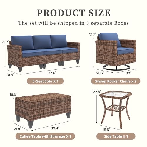 Image of UDPATIO Patio Furniture Set, 5 Pieces Outdoor Conversation Sets with Rocking Swivel Chairs, Wicker Rattan Outdoor Sofa Set with Storage Table and Waterproof Covers for Backyard, Deck, Porch, Navy