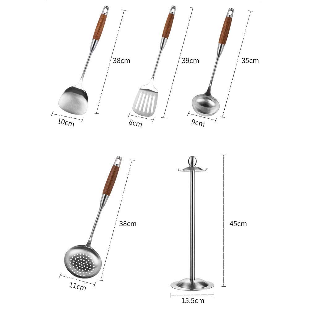 Utensilios de cocina para cocinar/servir, utensilios de cocina - Juego de utensilios para servir de acero inoxidable 5 PCS-Cucharón de cobre, Cuchara para servir, Tenedor para servir pasta, Espátula