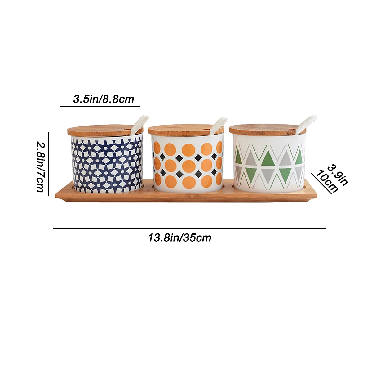 Beegie Pots à épices, coffret d'assaisonnement, boîte d'assaisonnement, pot à condiments, pots à sel avec couvercles de cuillère, plateau à motif peint à la main, lot de 3