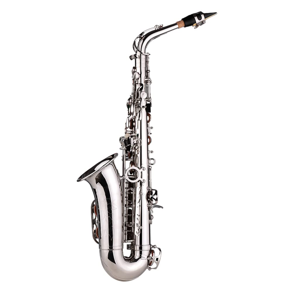 HUIOP Saxofón,Saxophone Sax Eb Be Alto E Plano Patrón Tallado Bronce en la Superficie Boquilla Plástica Exquisita con Guantes Paño de Limpieza Cepillo Correas,Saxofón Eb