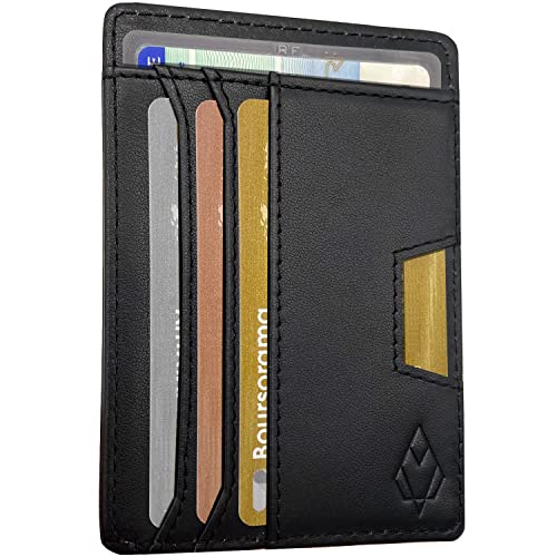 Porte Carte de Crédit en Cuir Noir – Pièce d'Identité et Permis de Conduire – Portefeuille Mince Anti RFID – Compartiment Billet et Monnaie –...