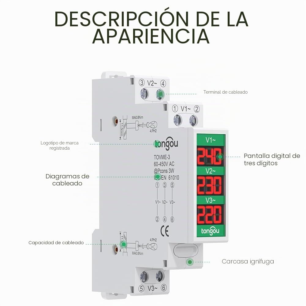 TONGOU Voltímetro voltímetro de 3 fases, pantalla digital, CA 60-450 V, voltaje digital, para montaje en carril DIN para mediciones