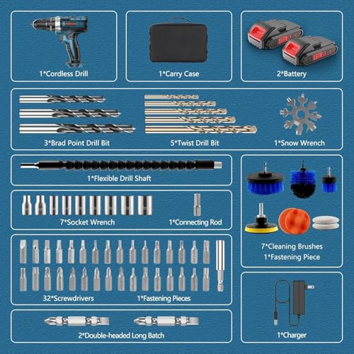 PONOSEU Taladro Atornillador Inalámbrico 21V 3 en 1, Set de 61 Accesorios, 2 Baterías + Cargador Rápido, 45 Nm, LED – Bricolaje y Reparaciones en el Hogar - imagen 6