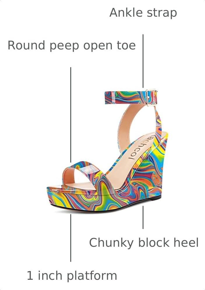 Image of Aachcol Women Platform Wedge Sandals Round Peep Open Toe Ankle Strap Slingback Two-Piece Chunky Block High Heel Dress Shoes Pumps Party Patent 4 Inch