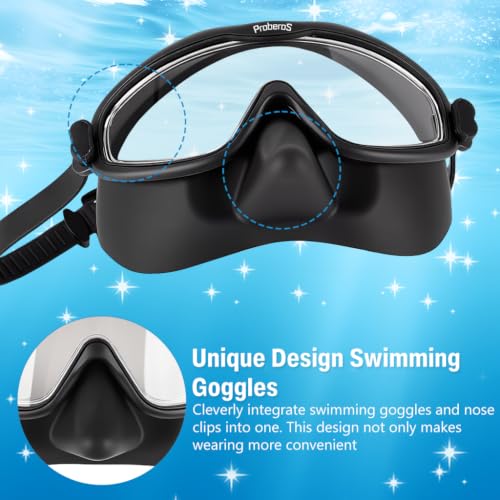 Image of PROBEROS Premium Swimming Goggles for Men & Women, 2-in-1 Wide View Goggles UV Protection & Anti-Glare Lenses with Anti-Choke Nose Cover & Earplugs, Adjustable No Pressure Swim Goggles, Black