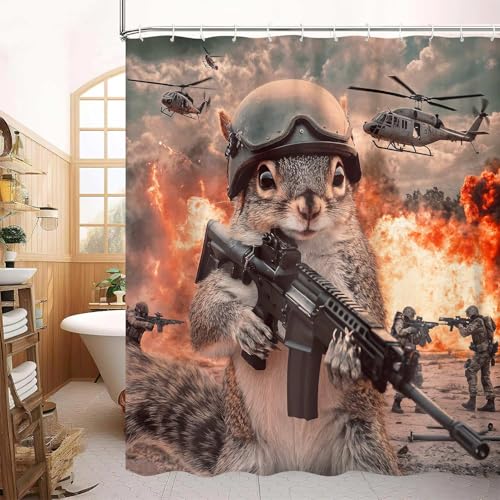 Image of Funny Shower Curtain, Funny Squirrel Helicopter Animal Shower Curtains for Bathroom, Fun Cute Kids Bathroom Decor Shower Curtain, with Hooks 72x72 Inch