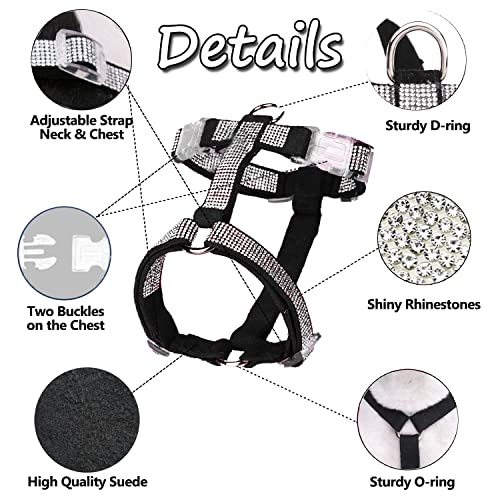 Image of HDKUW Dog Shining Rhinestone Harness, No Pull Adjustable Buckle D-Ring Harness for Small Medium Dog (Black XS)