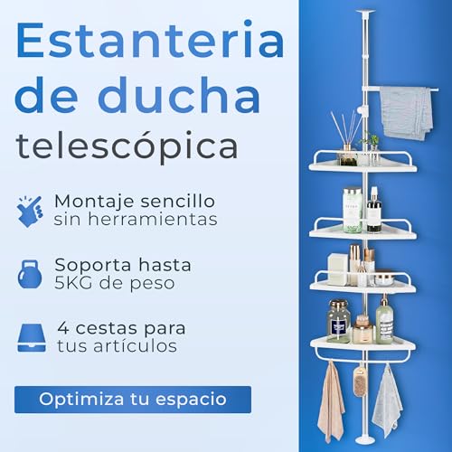 JUPPLIES Estanteria Telescopica de Baño de Altura Ajustable hasta 254cm - Esquinero Baño Ducha de Plástico y Metal sin Taladro - Organizador de Bañera, Lavabo con 4 Baldas (Blanco) - imagen 4