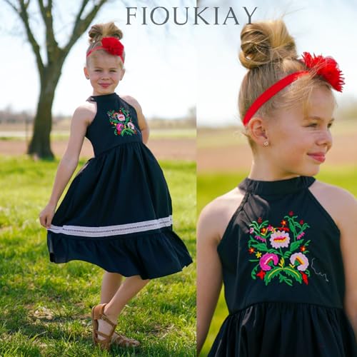 fioukiay Girls Mexican Floral Embroidered Dress Halter Neck Sleeveless Ruffle Party Long Maxi Dresses2