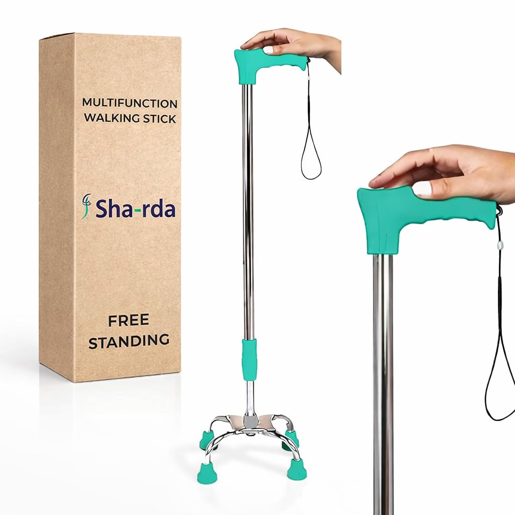 Sharda 4 Leg Strong Walking Stick for Old People Adjustable Height Heavy Duty Portable Ideal for Senior Citizen,Old,Light Weight Medical Walking ! Made by High Mild and Steel-image-2