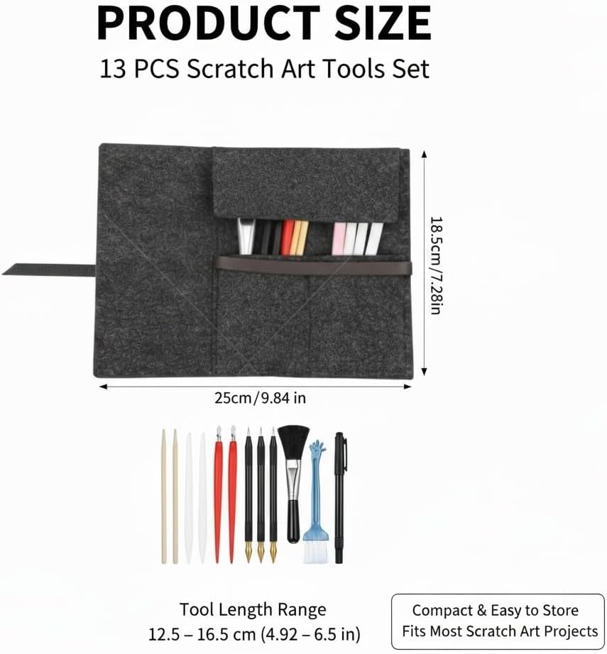 13 Pack Scratch Art Tool Kit with Canvas Tool Roll, Bamboo Stylus, Scratch Scrapers, Gold Foil Scratch Pens, Scratchboard Accessories for Scratch Painting, Etching, Engraving & DIY Crafts