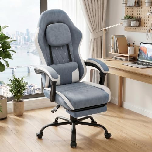 Image of Video Gaming Chair, Ergonomic Office Chair with Footrest, Lumbar Support and Linkage Armrests, Swive Home Video Game Chairs for Adults, Blue