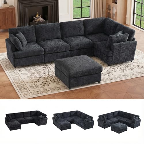 Image of 122.6 inch Chenille Modular Sectional 6 Seater Sofa, Deep Seat Couch with Ottoman & Removable Covers, Free Combination Modern Couch, L /U Shaped Modular Sectional Sofa, for Living Room, Apartment, Black