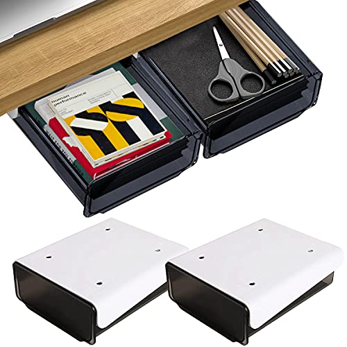 OSPNIEEK Self-adhesive Under Desk Drawer Organizer, 2 Pack Table Hidden Slide Out Large Storage Mounted Desktop Pencil Holder Tray Drawers for Office Home School Stationery Kitchen (Black)