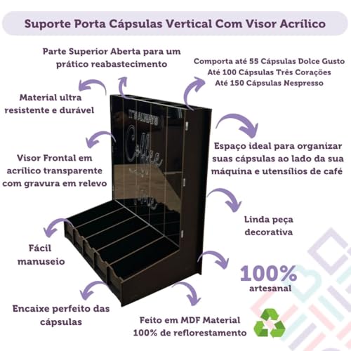 Suporte Organizador de Porta Capsulas Com Visor de Acrílico Preto Compativel Dolce Gusto Três Coraçõ