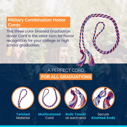 Image of USA Military Graduation Honor Cords - 68 inch Length - Classic Color Combo of Red, White & Blue - Secure Knotted Tassel Ends - Ideal Gift - One Size Fits All