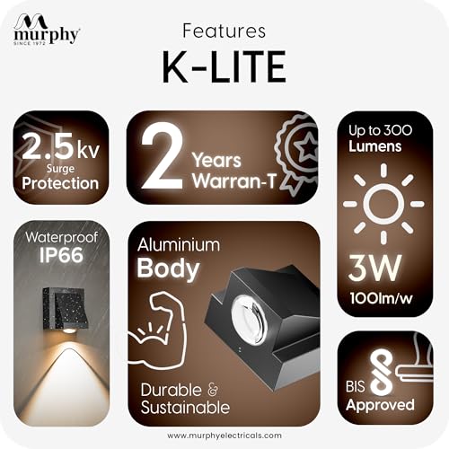 Image of Murphy K-LITE Single Ray Wall Light Pack of 3 | IP66 Waterproof | 300 Lumens | 2 Years Warranty | BIS Approved | 2.5kV Surge Protection | Up Down Light for Gate, Balcony & Garden