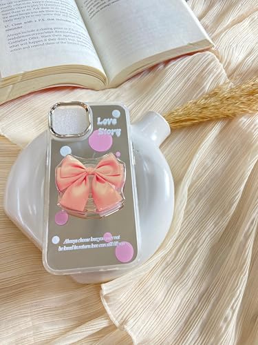 Image of COVERLY for iPhone 14 Plus 3D Luxury Bow Knot Resin Phone Holder Case,Trendy Mirror Pop Cute Cartoon Sleek Makeup Art Love Story Couple Heart Mobile Stand Aesthetic Cover for Apple iPhone 14 Plus