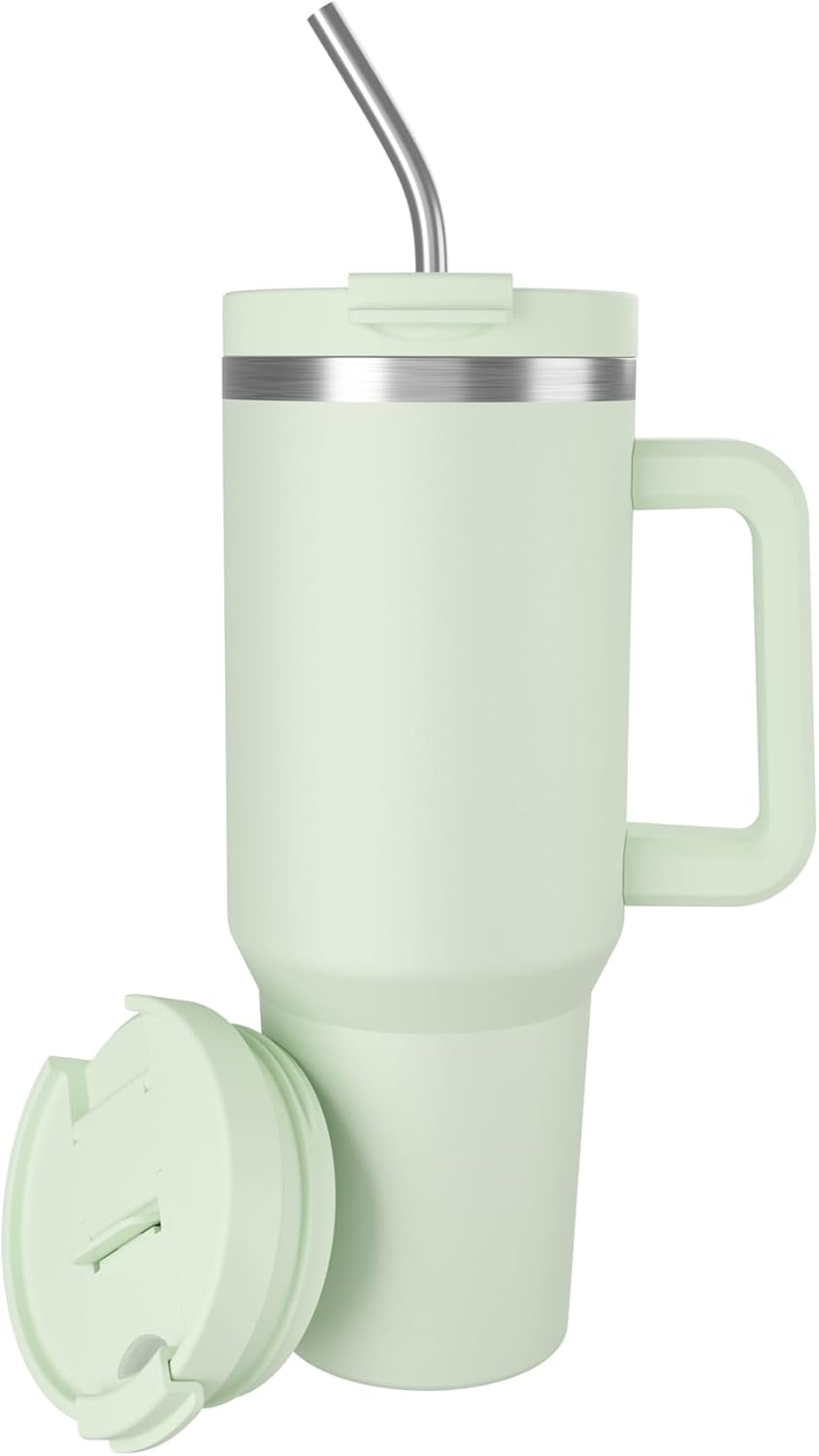 40 oz Tumbler with Handle and Straw, Vacuum Insulated Stainless Steel Travel Mug with Leak-Proof Lid and 2 Reusable Metal Straws, Double Wall BPA-Free Cup for Hot & Cold Beverages – Mint Grey Green - Image 9