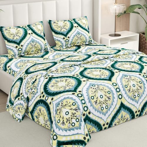 Image of Rivermoor 200 TC Ultrasoft Cotton Bedsheet for Double Bed | Queen Size Bed Sheet with 2 Pillow Covers | Green Floral Print | 88 x 96 Inches | Breathable & Hypoallergenic