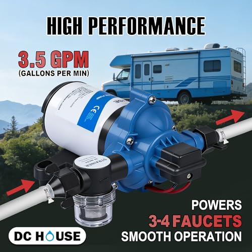 Image of DC HOUSE 33 Series 12V RV Water Pump 3.5GPM 45PSI, 3-Chamber Diaphragm Pump with Built-in Pressure Switch, Quiet Self-Priming Demand Pump for Camper, Boat, Cabin, Off-Grid System