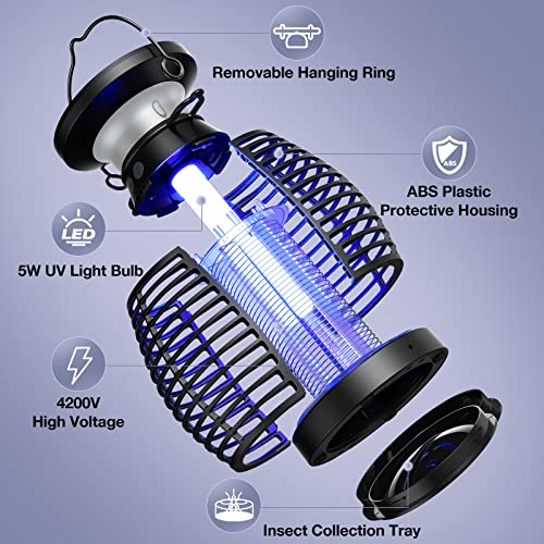 Uiage Bug Zapper Outdoor, Solar & Rechargeable Mosquito Zapper For Gnats, Flies, Moths, 4200V High Powered Electric Fly Trap Zapper, 3 In 1 Waterproof Bug Killer Lantern For Camping, Patio, Yard, Home #TOP4