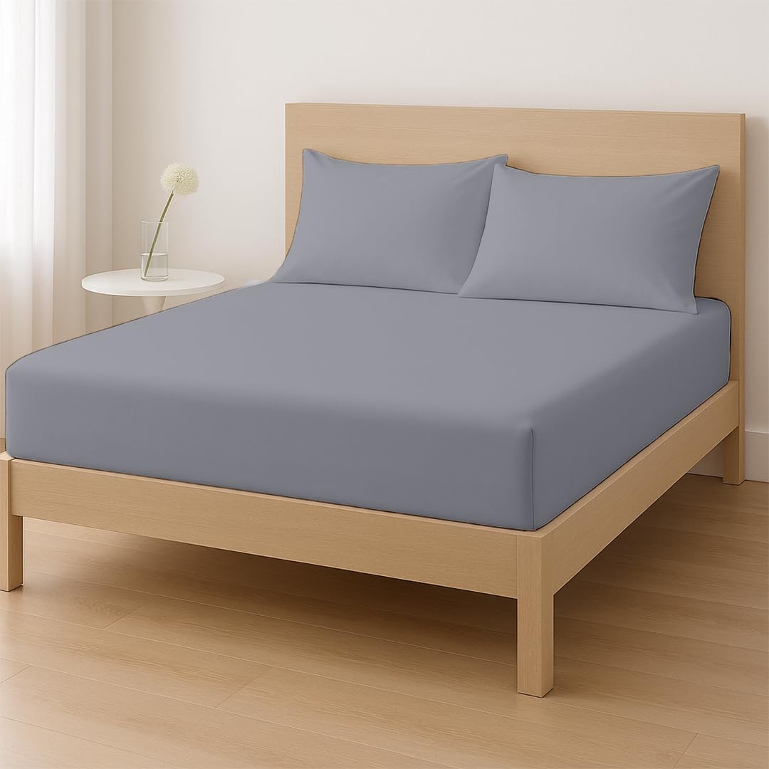 Rohi Single Fitted Sheet Set – 25cm Deep with Elasticated Corners – Soft & Breathable Cotton Blend Fitted Sheet with Pillowcases – Shrink & Fade Resistant – Single Bed Sheet Set (Grey, Single)