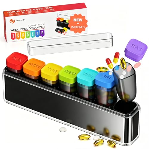 Image of HIONXMGA Color-Coded Weekly Pill Organizer Once Daily, Detachable 7 Day Travel Pill Box with Upgraded Sealing Lids, Large Portable Pill Case for Medication, Vitamins, Supplements & Fish Oils, Clear
