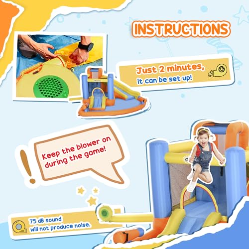 Outsunny Inflatable Water Slide, Kids Bounce House Water Park with Splash Pool, Climbing Wall, Air Pump, Water Cannon, Slide, Trampoline, 5-in-1 Bouncy Castle for Outdoor Backyard Fun with Air Blower