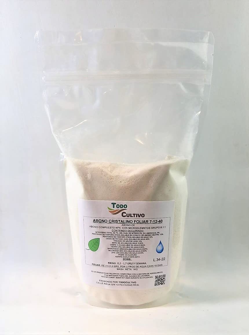 Todo Cultivo Abono riego y foliar hidrosoluble NPK 7-12-40 con microelementos. Envase de 1 Kilo. Válido para fertirrigacion.