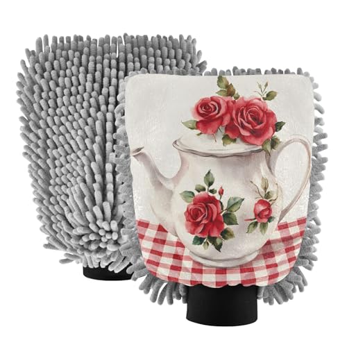 STAYTOP Elegant and Exquisite Teapot Pattern Car Wash Mitt Microfiber, 2Pcs Scratch Free Lint-Free, Premium Chenille Microfiber Mitt Car Wash Brush-L