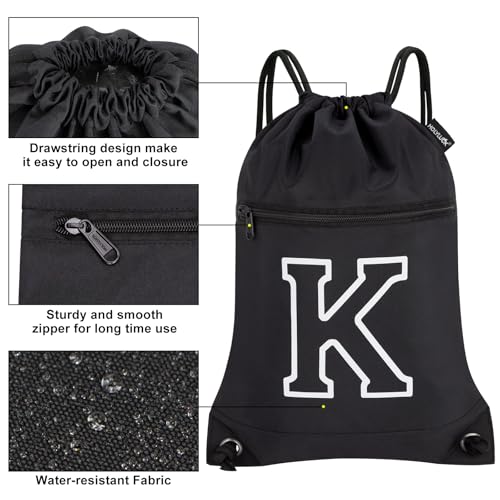 Image of HOLYLUCK Drawstring Bags Initial Backpack Sackpack Cinch Bags for Sports, Gym, Travel, Beach(Black-K)