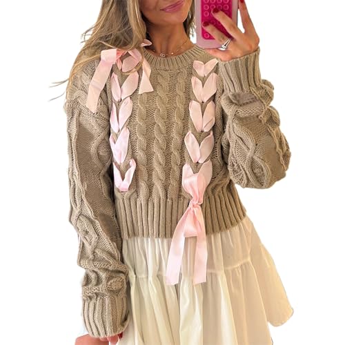 Image of Women Ribbon Sweater Cute Bow Tie Long Sleeve Knit Pullover Winter Casual Crew Neck Cable Knitted Top Streetwear