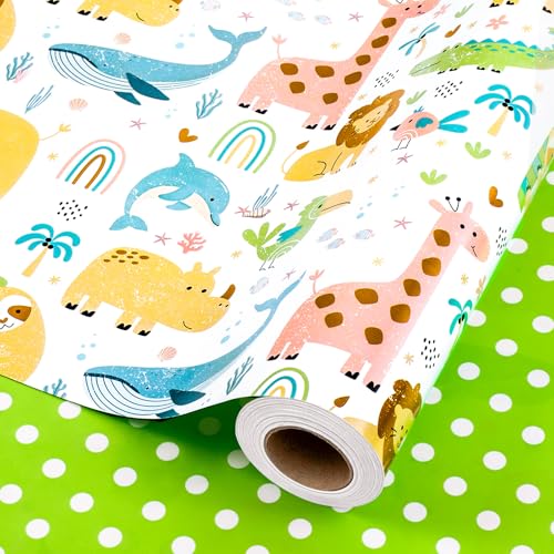 Wikadlik Niedliche Geschenkpapierrolle - Fröhliches Tier-Dschungel-Party-Design mit grünem Punkte-Muster für Geburtstage Neugeborene Jungen und Mädchen - 43 cm x 10 m