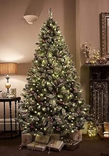 7ft/210cm Premium Christmas Tree Snowy Flocked Windsor Pinecones & Berries Pre Lit with 900 Micro Warm White & Multi Colour LEDs - Includes On/Off Foot Pedal