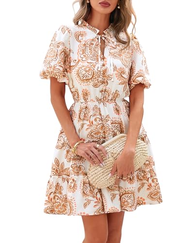 BTFBM Women Summer Floral Short Dresses V Neck Short Sleeve Tiered Ruffle Boho Swing Dress A-Line Mini Dresses