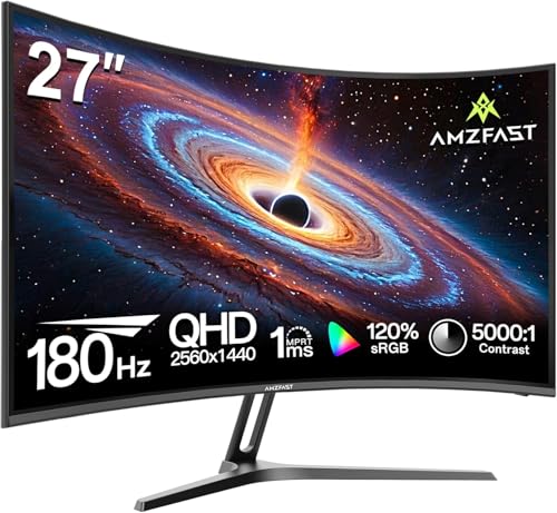 Amzfast Écran PC Gaming 27 Pouces Incurvé, 2k QHD(2560 x 1440), 180 Hz Moniteur, 1Ms MPRT, 1500R, sRGB 130%, Adpative Sync, HDR, Anti-Flicker, Eyes-care,VESA 100 x...