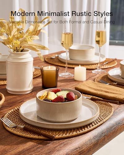 Image of Famiware Star 8-Piece Stoneware Dinnerware Set for 4 - 10.5 inch Flat Dinner Plates & 23 oz Deep Cereal Bowls, Everyday & Formal Use, Chip & Scratch Resistant, Microwave /Dishwasher Safe, Cappuccino White
