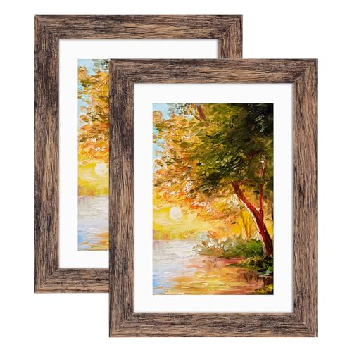 Fixwal 5x7 Picture Frame Display Pictures 4x6 with Mat or 5x7 Without Mat Brown Photo Frames for Wall Mounting or Tabletop Decor 2 Pack