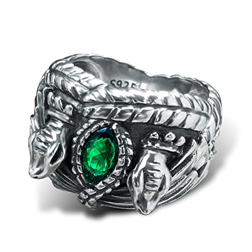 bahamut 925 Sterling Silver Mens Aragorn Rings of Barahir with Green Cubic Zirconia,Snake Band, LOTR Cosplay Jewelry