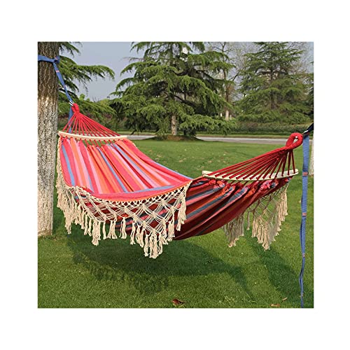 Hamaca doble portátil para acampar con borlas de ganchillo, ideal para exteriores, interiores, jardín, patio, porche, tela de lino de algodón duradera, fácil de instalar